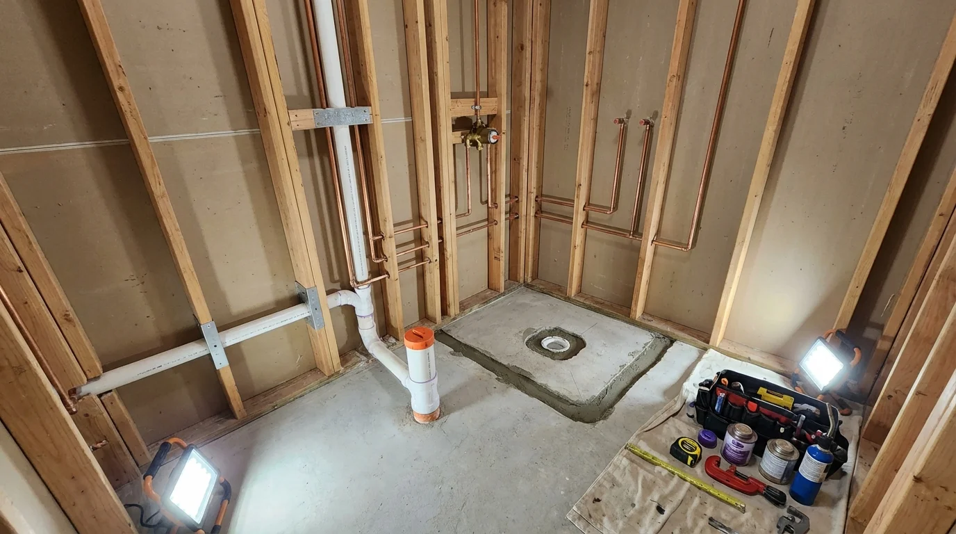 Bathroom rough-in plumbing during remodel by Johns Plumbing LLC in Salome